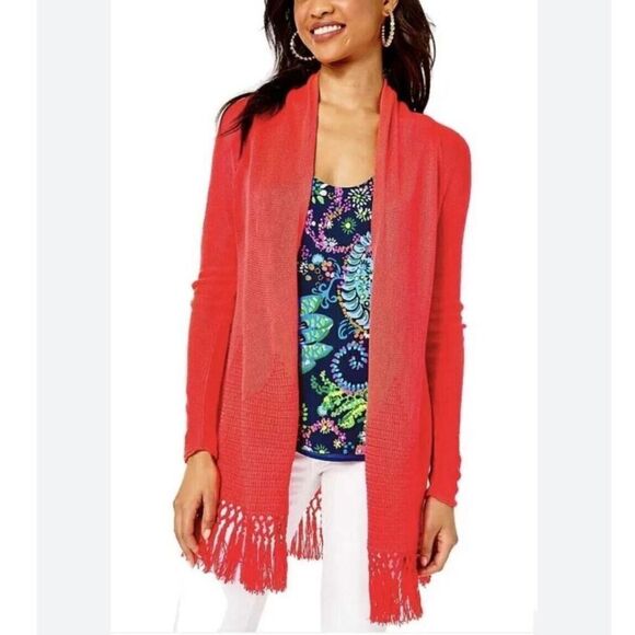Lilly Pulitzer Tatum Open Cardigan Sweater Spicy Coral Tassel Fringe $128 S